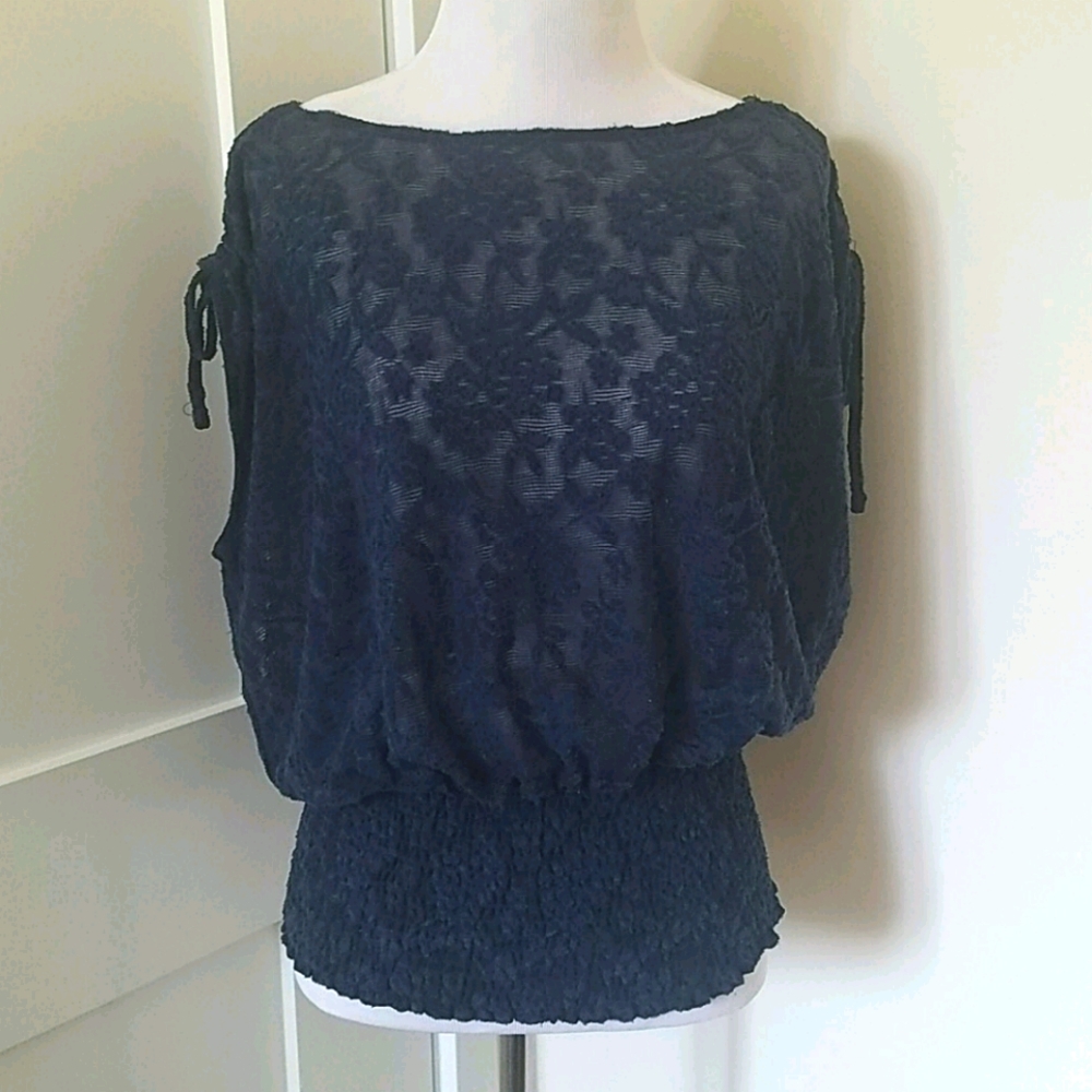 Anthropologie Navy blue floral lace blouse XS